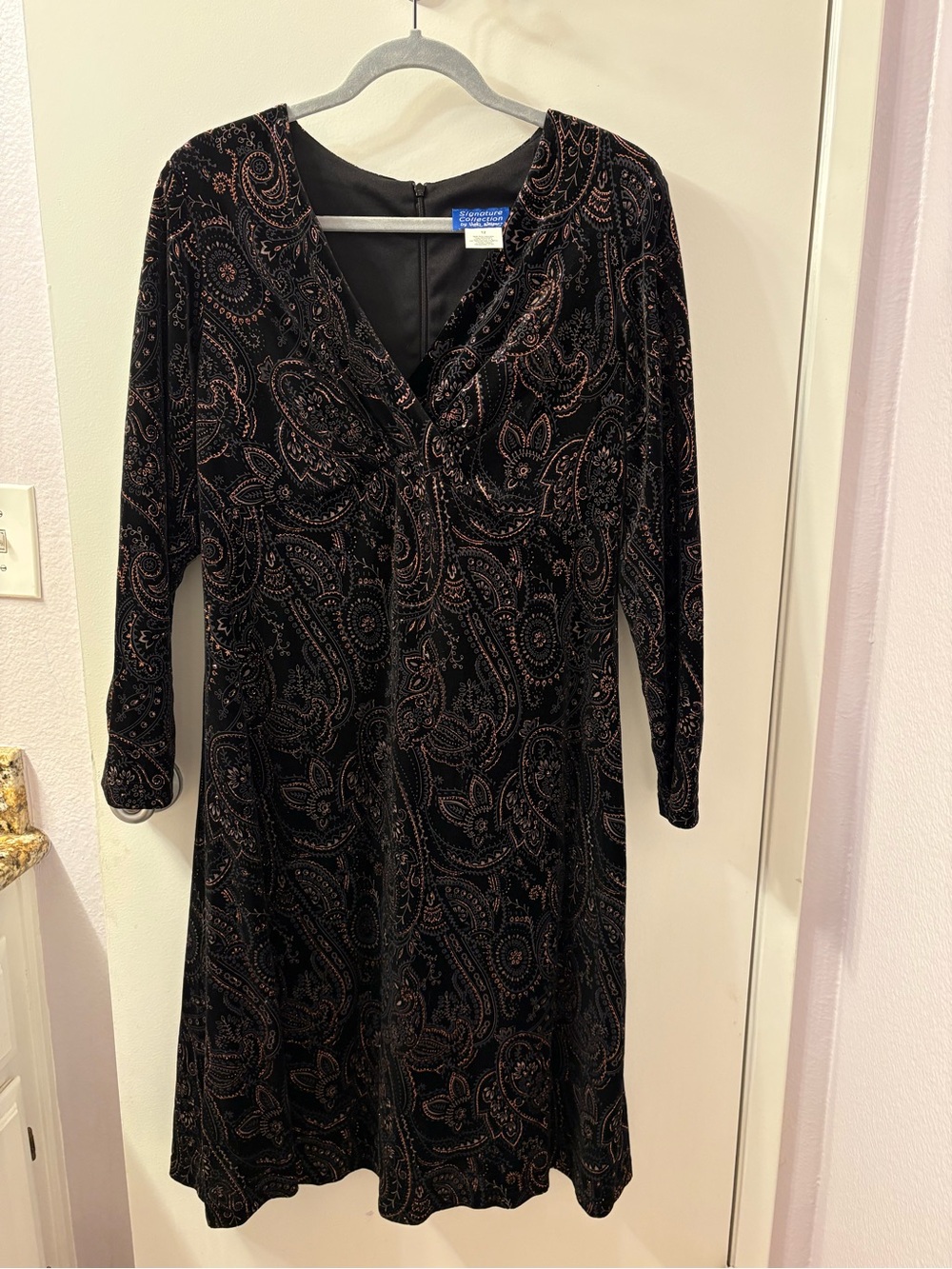 Velvet Paisley V-Neck Dress - Black with Copper Accents Excellent Condition
